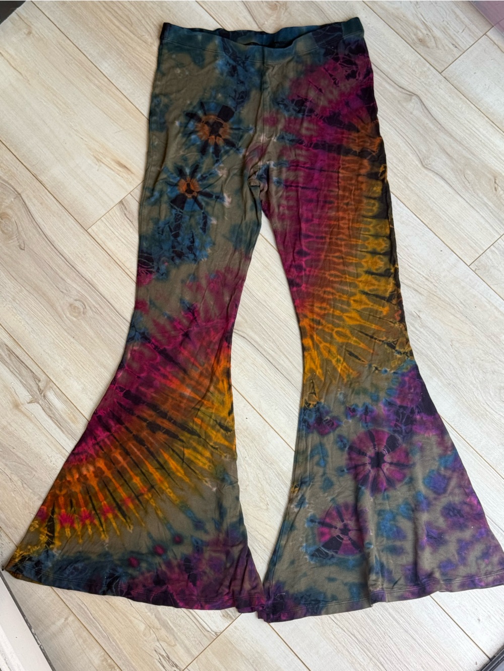 Tie-Dye Bell Bottom Pants in Olive, Magenta & Mustard